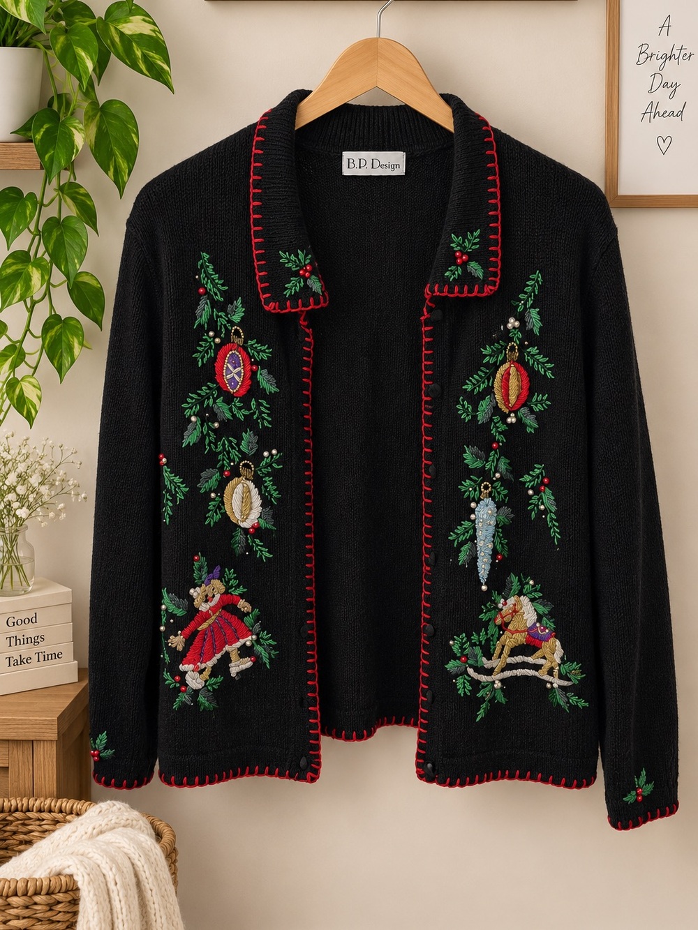 B.P. Design Vintage Christmas Embroidered Cardigan Sweater Women’s Medium Black